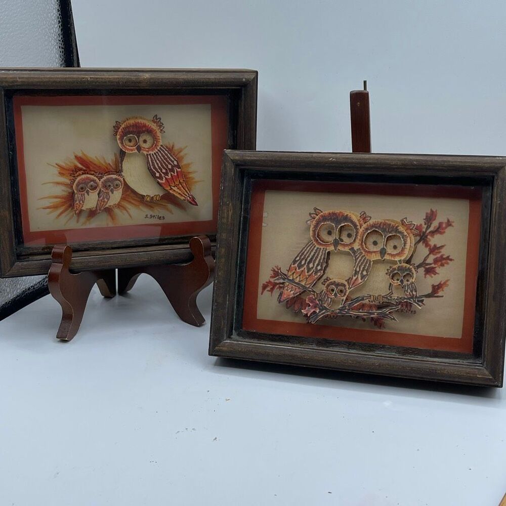 Vintage 1970’s 3D owl shadow box framed pictures. Kitsch MCM J.Stiles.